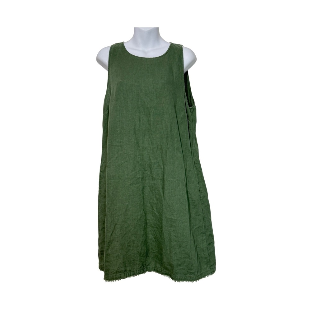 Garnet Hill Linen Shift Dress Womens 10 Green Sleeveless Frayed Hem Pockets
